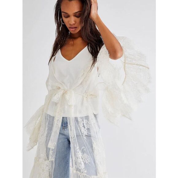 New Free People Muche Muchette Barbara Tiered Lace Kimono One Size - Picture 4 of 8